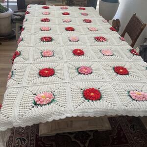 Handmade Crochet White/ Multicolor Square Pattern Floral Throw Blanket 55" x 84"